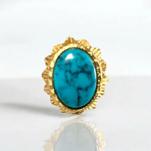 Vintage Glass Turquoise Cabochon Ring Adjustable Blue and Goldtone.